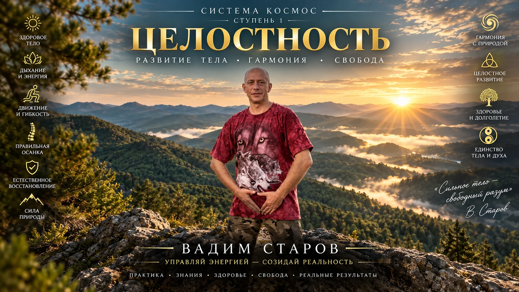 Баннер первой ступени «Целостность» с Вадимом Старовым на фоне гор
