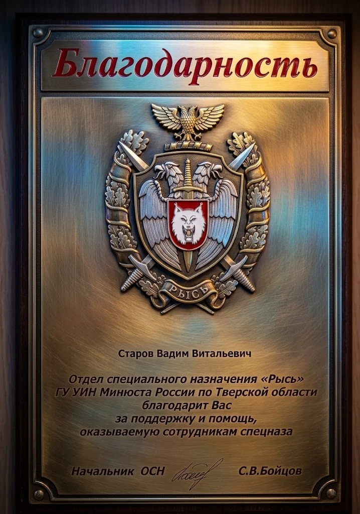 Благодарность ГУ УИН Рысь Тверь